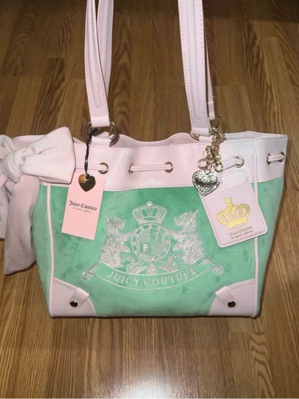 Juicy Couture Mint Green and Pink Scottie Dogs Vintage Tote with Charm Y2K